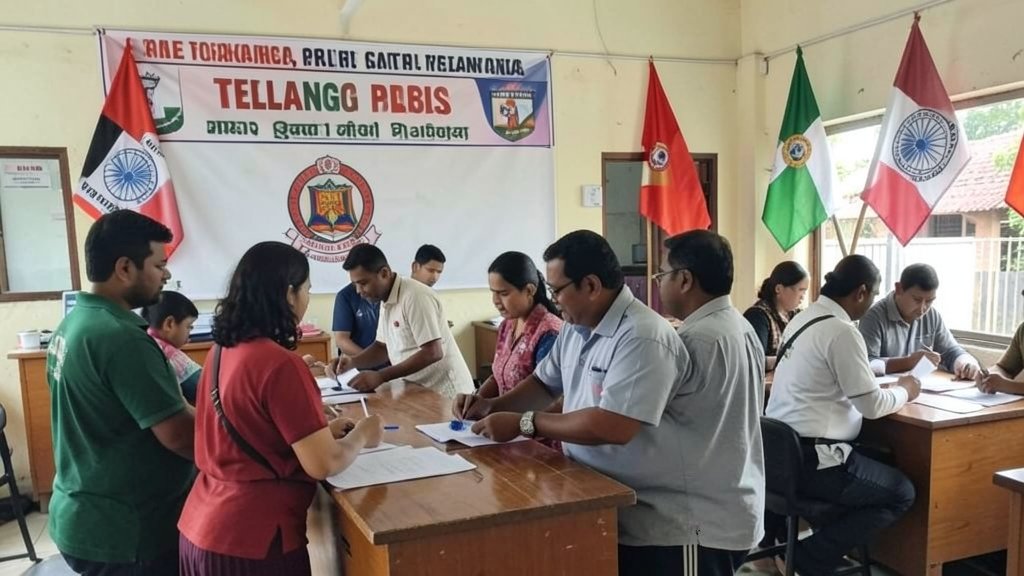 A photo of a polling station in Telangana with voters casting their ballots, with a subtle background of the BRS and Congress party flags.
