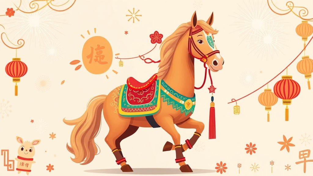 A vibrant illustration of a horse in traditional Chinese attire, surrounded by auspicious symbols and decorations, with a subtle background of fireworks and lanterns.