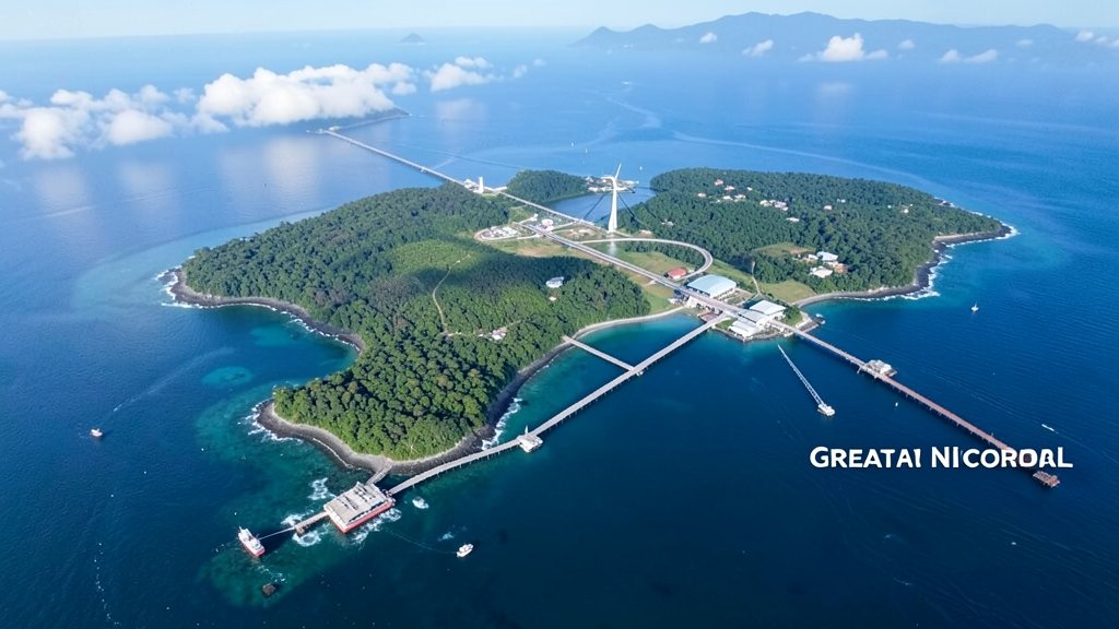 Aerial view of the Great Nicobar Island with a proposed infrastructure project in the background, highlighting the potential environmental impact.
