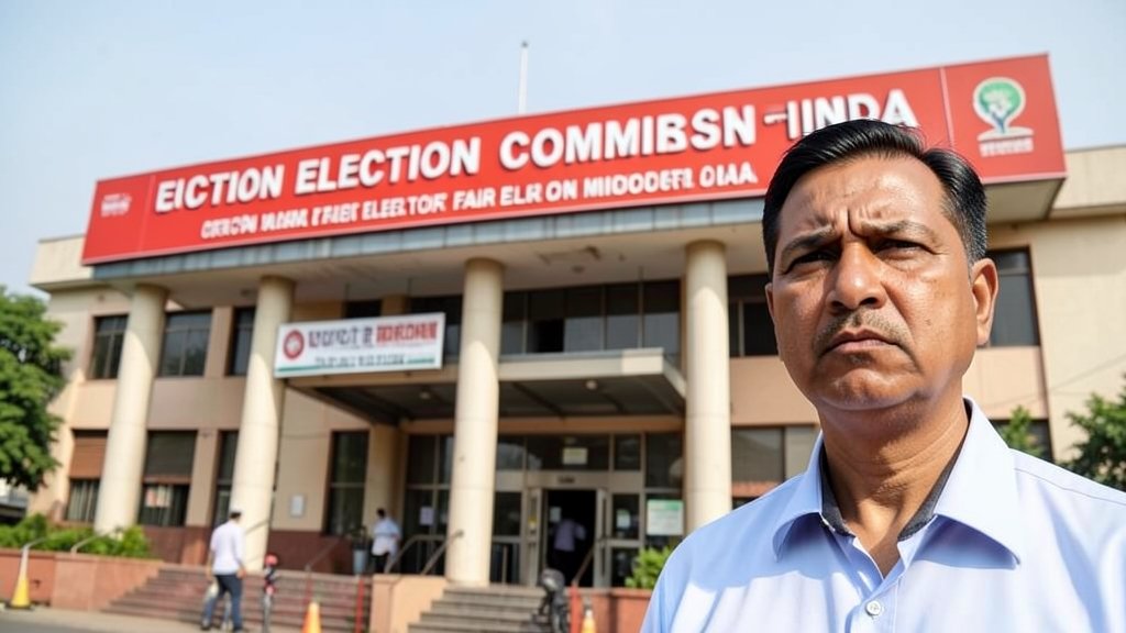 A photo of the Election Commission of India building with a serious expression, highlighting the importance of fair elections and the consequences of misconduct.