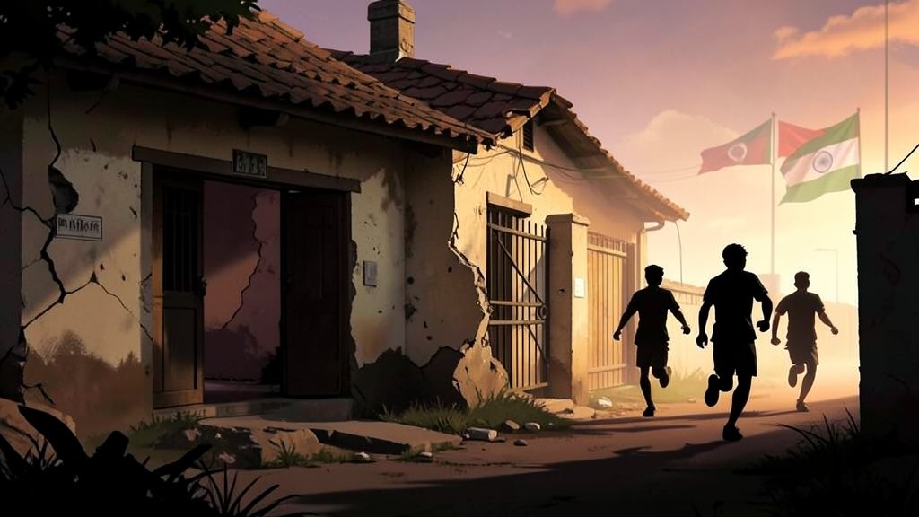 A dramatic illustration of a juvenile home in Jammu with a broken wall or an open gate, and 3 silhouettes of young men running away in the background, with a subtle hint of the Indian and Pakistani flags in the distance.