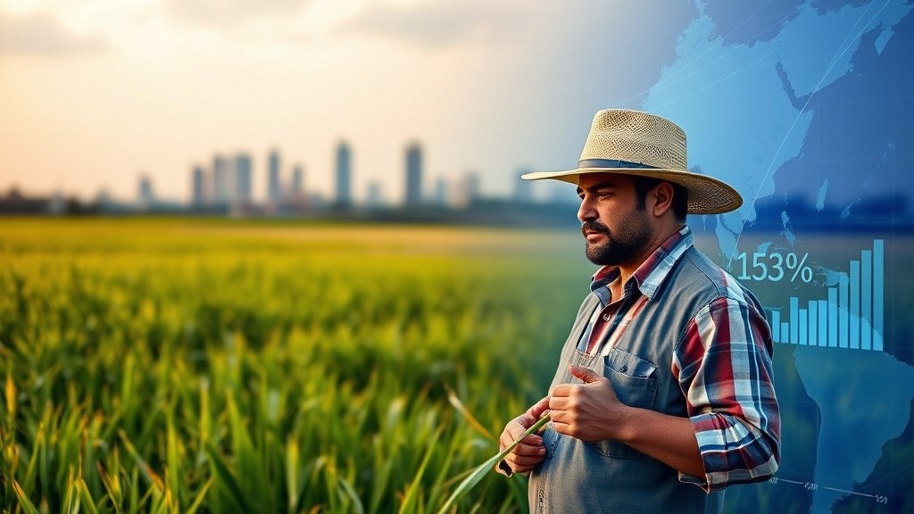 A photo of a farmer in a field, with a subtle background of a cityscape or a graph showing trade statistics, to represent the intersection of agriculture and international trade.