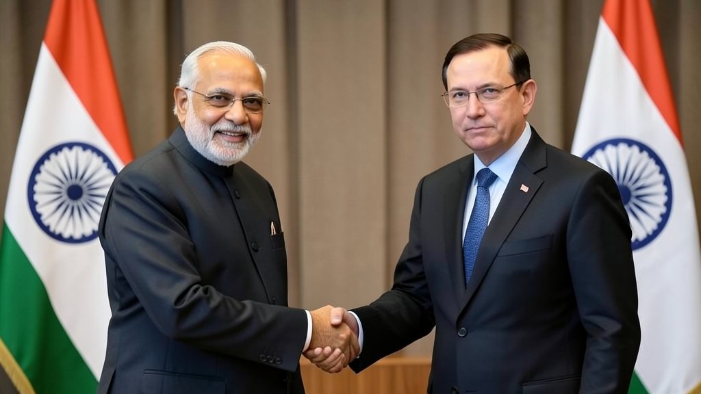 A photo of PM Modi and Benjamin Netanyahu shaking hands, with the Indian and Israeli flags in the background, symbolizing the growing friendship between the two nations