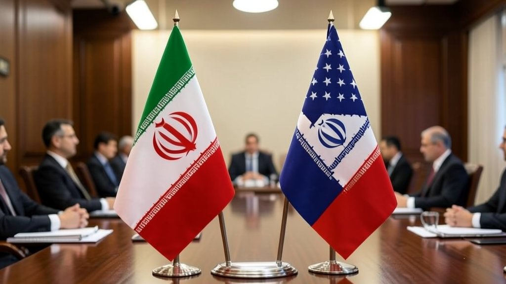 A photograph of the Iranian and American flags side by side, with a subtle background of a negotiation table or a diplomatic meeting room.