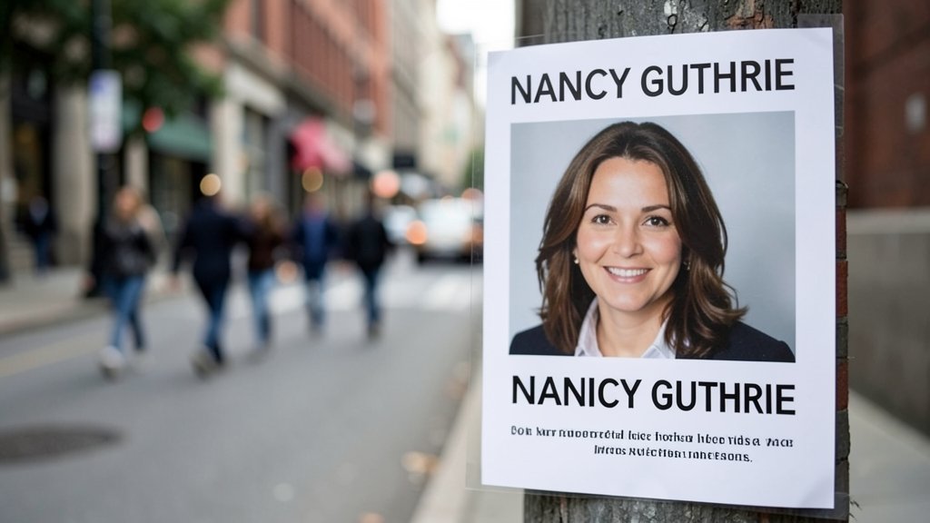 A photo of a missing person poster with Nancy Guthrie's picture and a blurred background of a city street with people walking, symbolizing the ongoing search and investigation.