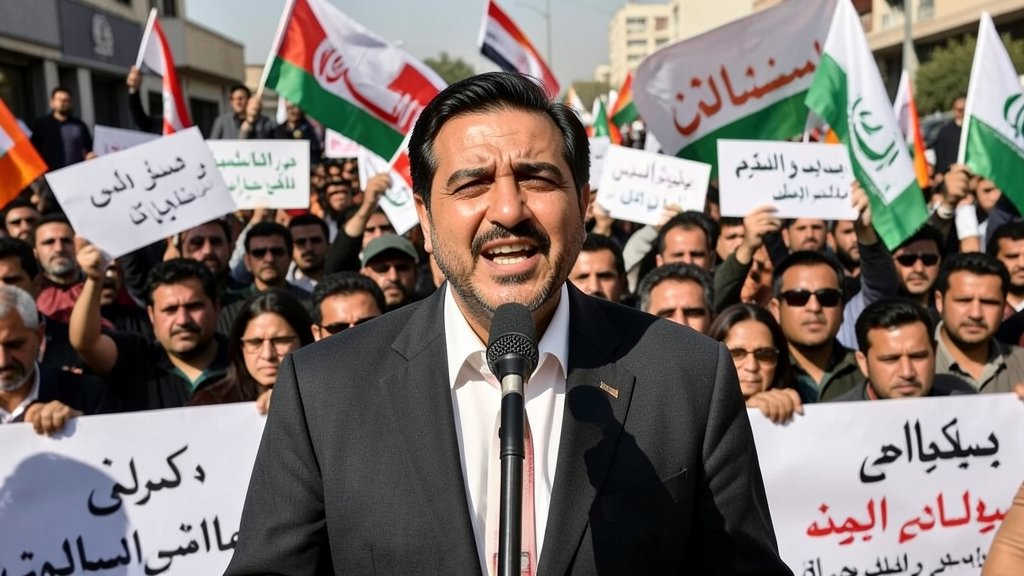 A photo of Reza Pahlavi speaking at a rally in support of Iranian protesters, with a crowd of people holding signs and flags in the background.