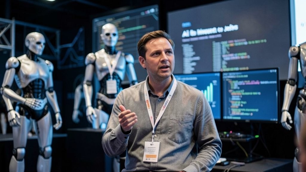 A photograph of a tech conference with a speaker discussing AI and its impact on jobs, with a subtle background of robots and coding screens.