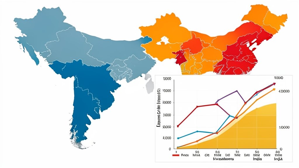 A graphic representation of the India-China economic relationship, with a map of India and China in the background, and a chart or graph showing the growth of Chinese investments in India.