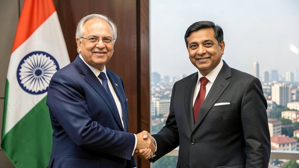 A photo of Henry Kravis, cofounder of KKR, shaking hands with an Indian business leader, with a backdrop of the Indian flag and a cityscape of Mumbai or Delhi.