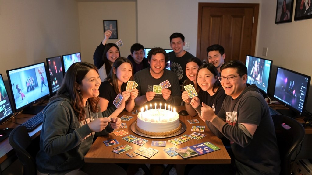 A group of people celebrating a birthday with puzzle games and a large cake with candles in the background, surrounded by computers and gaming consoles.