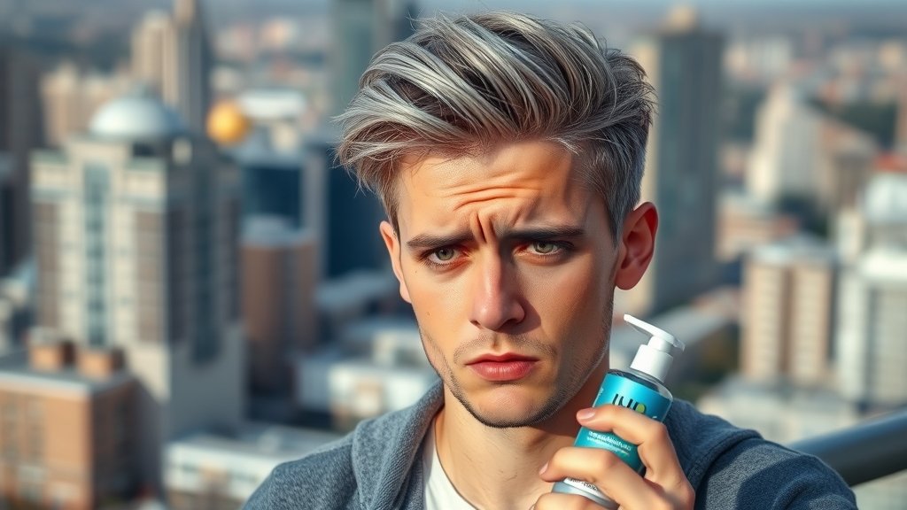 A person in their 20s or 30s with premature greying hair, looking concerned and holding a hair care product, with a cityscape or a natural background.