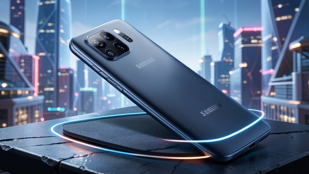 A high-quality image of the Samsung Galaxy S23 Ultra smartphone with a cityscape or futuristic background, highlighting its sleek design and advanced features