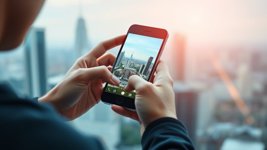 A high-quality image of a person holding a smartphone with a cityscape in the background, with a subtle gradient effect to represent the latest technology.