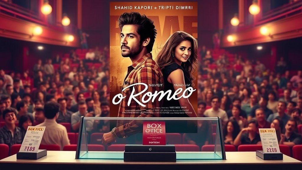 A poster of the movie O Romeo with Shahid Kapoor and Triptii Dimri in the lead roles, with a background of a crowded movie theater and a box office counter in the foreground.
