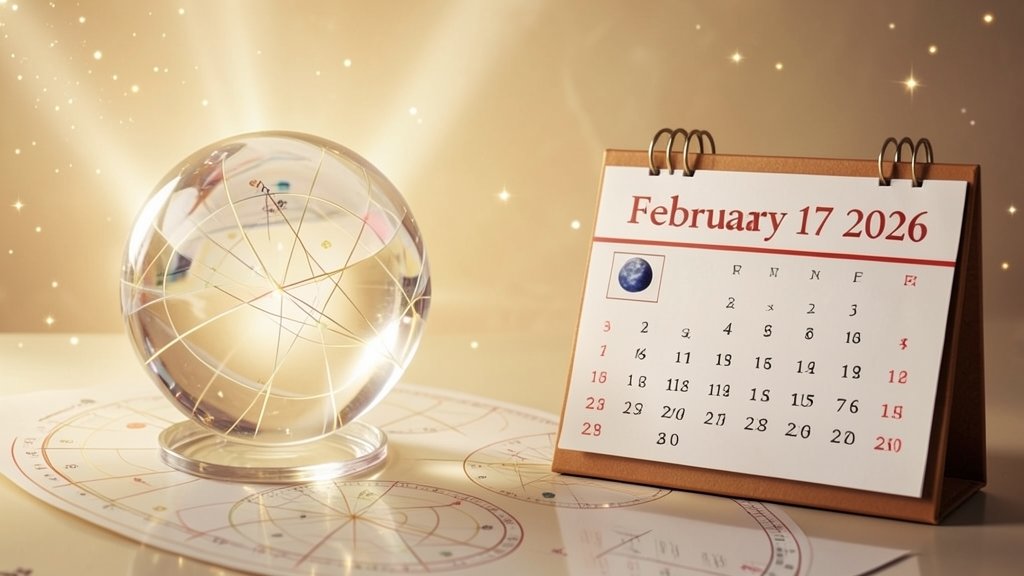 A serene and mystical background with a crystal ball, astrology charts, and a calendar showing February 17, 2026, with soft, golden lighting and a few stars twinkling around the edges.
