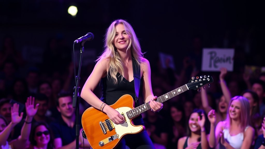 A photo of Kate Hudson performing on stage with a guitar, with a confident and determined expression on her face, surrounded by a crowd of cheering fans.