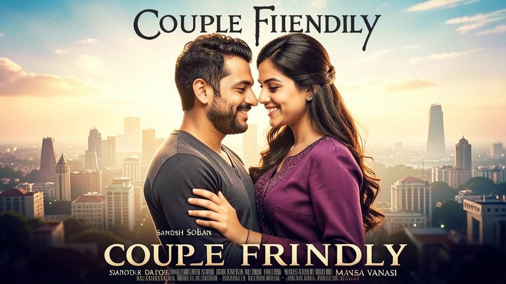 A movie poster of Couple Friendly with the lead actors Santosh Soban and Manasa Varanasi in a romantic pose, with a cityscape in the background.