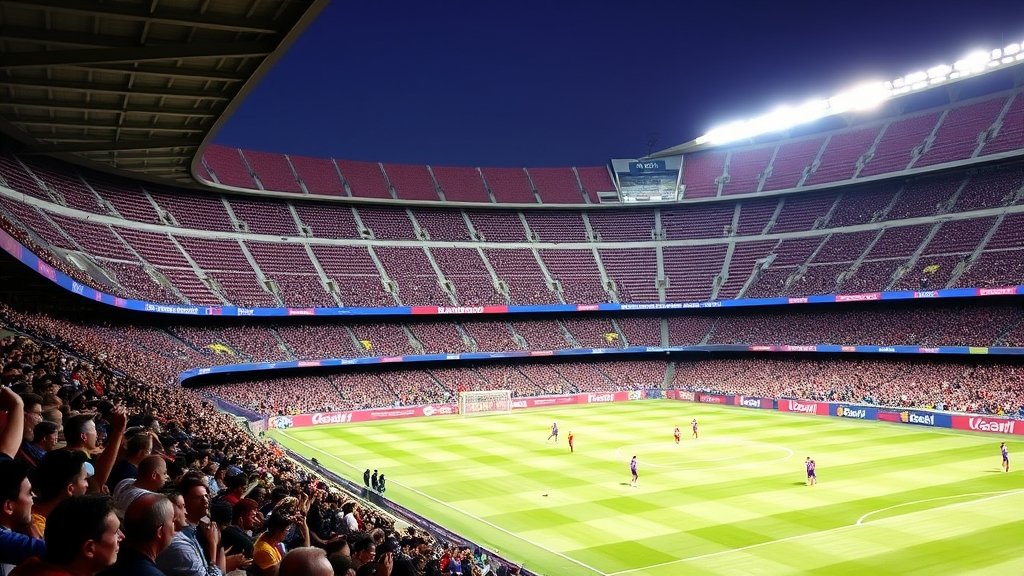 A photo of the Camp Nou stadium with the Barcelona team playing a match against Girona, with a crowd of fans cheering in the background.