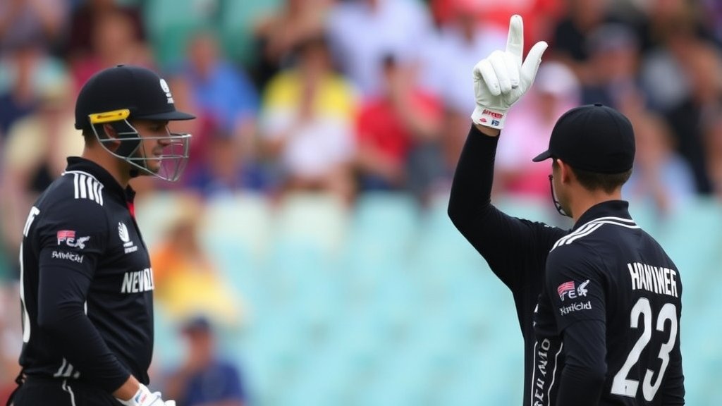 A photo of the New Zealand cricket team in action during a T20 World Cup match, with a focus on the team's captain and a blurred background of the stadium.