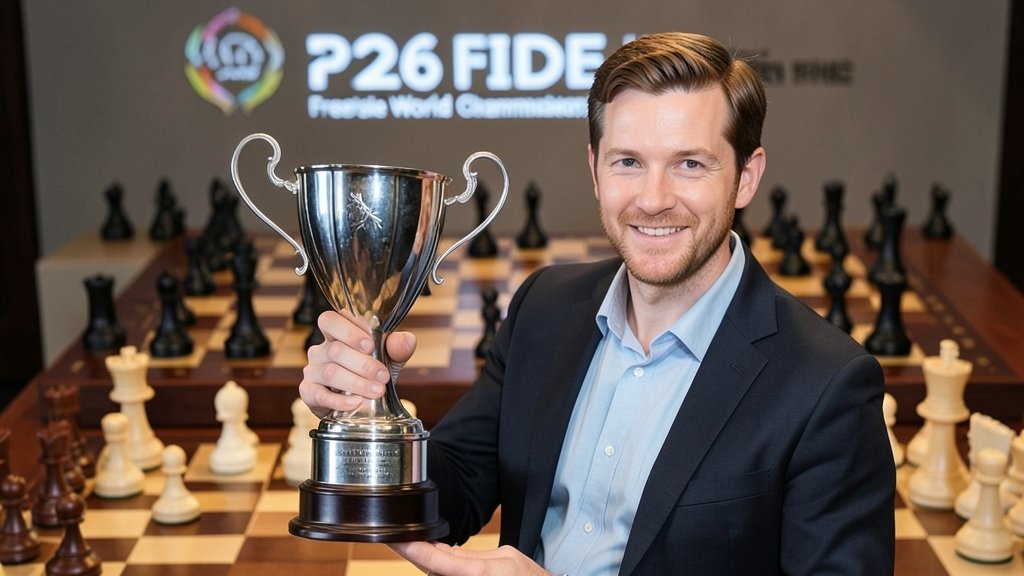 A photo of Magnus Carlsen holding a chess trophy, with a background of a chessboard and pieces, symbolizing his victory in the 2026 FIDE Freestyle World Championship.