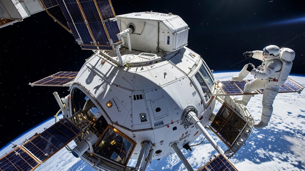 A high-resolution image of the International Space Station with a SpaceX Crew Dragon spacecraft docked, and astronauts in space suits performing a spacewalk in the background.