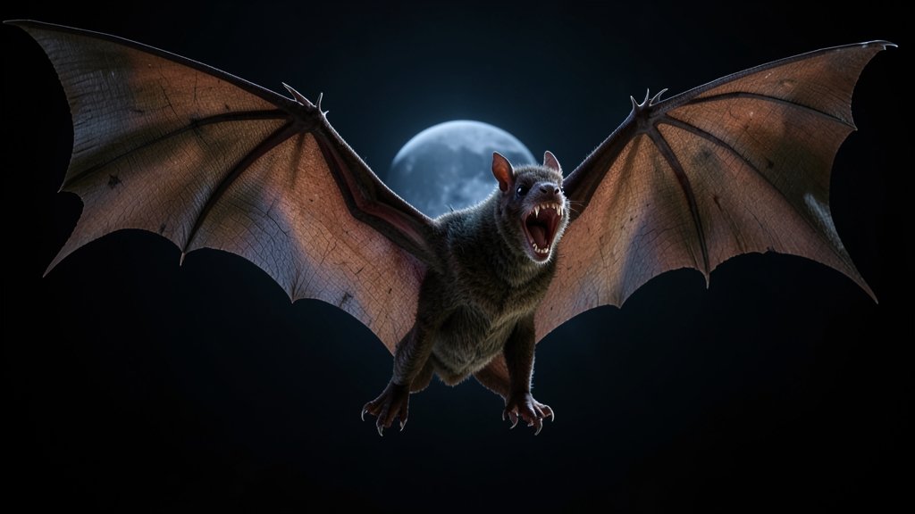 A high-quality image of a Spectre Bat in flight, with a dark background and a hint of moonlight, showcasing its massive wingspan and sharp teeth.