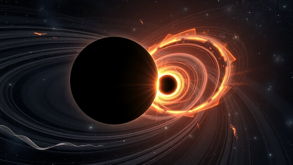 An illustration of a black hole collision with gravitational waves radiating outward, with a subtle background of stars and galaxies