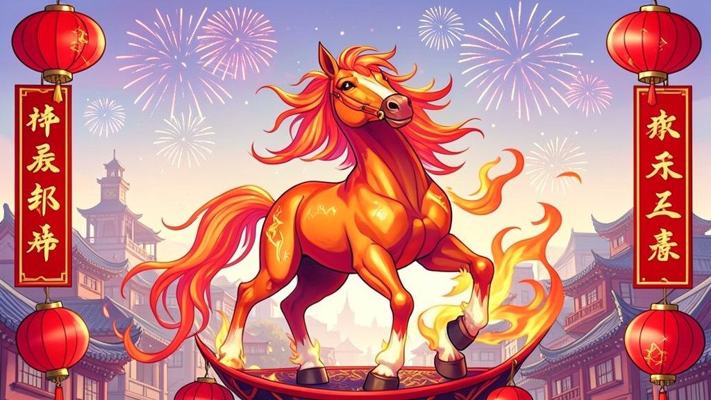 A vibrant and colorful illustration of a fire horse, surrounded by traditional Chinese New Year decorations, such as red lanterns, couplets, and fireworks, with a subtle background of a Chinese cityscape.