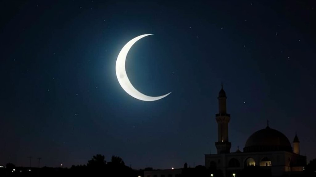 A serene image of a crescent moon in the night sky with a mosque in the background, symbolizing the beginning of Ramadan.