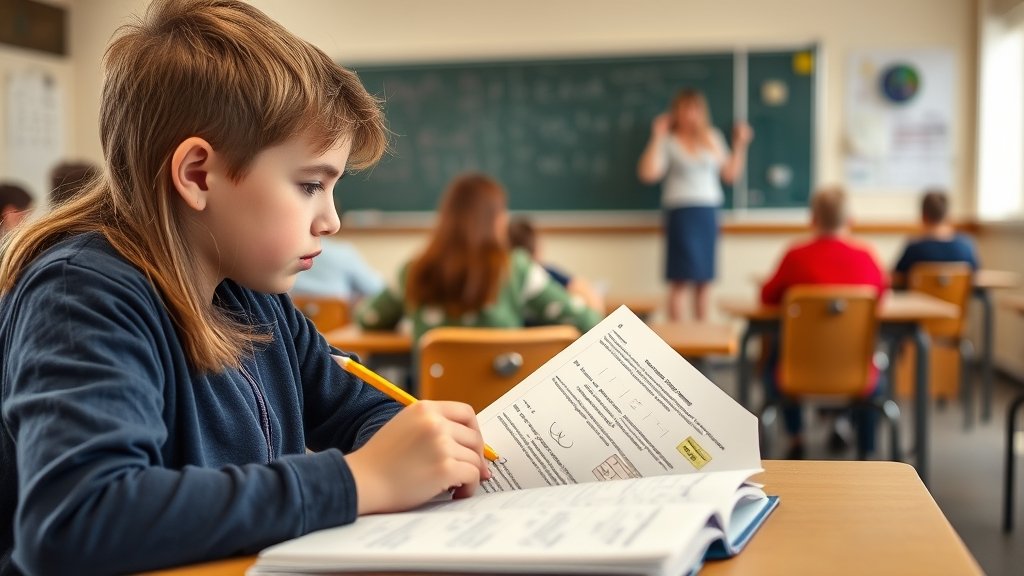 A photo of a student sitting in a classroom, looking at a mathematics textbook with a pencil in hand, surrounded by other students and a teacher writing on the blackboard.