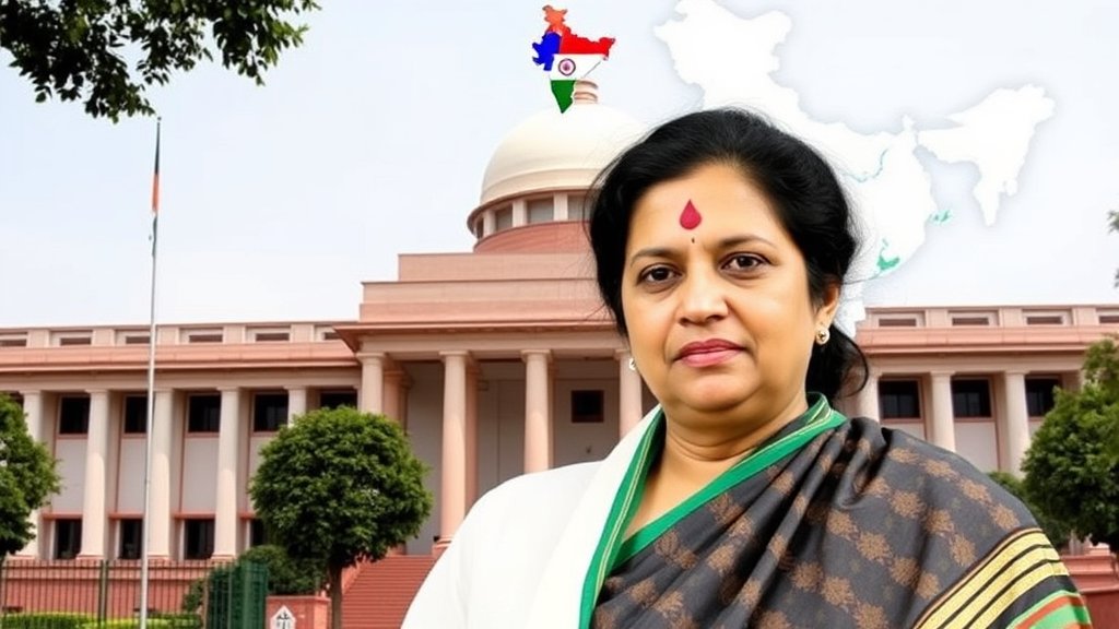 A photo of the Election Commission of India building with a background of West Bengal state map and a picture of Mamata Banerjee in the foreground