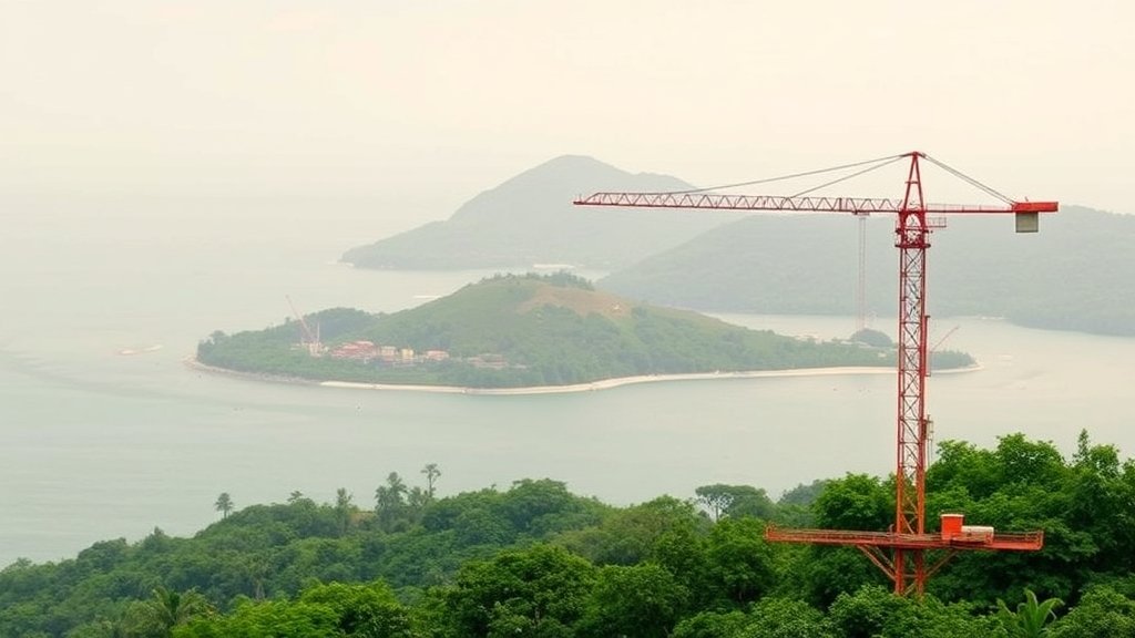 A photograph of the Great Nicobar Island with a subtle overlay of construction equipment and a greenery background, symbolizing the balance between development and environmental protection