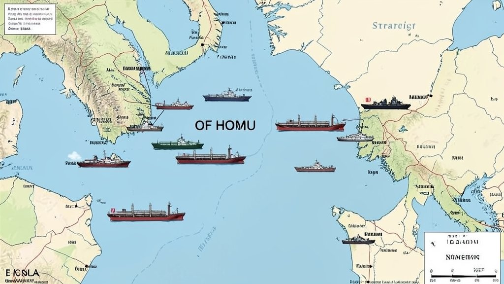 A map of the Strait of Hormuz with oil tankers and naval ships, highlighting the strategic importance of the waterway