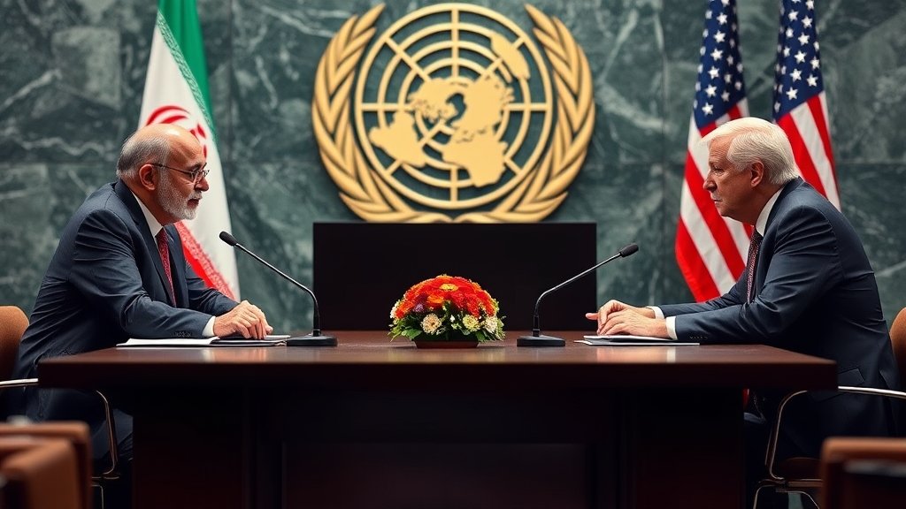 A photograph of Iranian and American diplomats sitting across from each other at a negotiating table, with a backdrop of the United Nations headquarters or a similar international diplomatic setting.