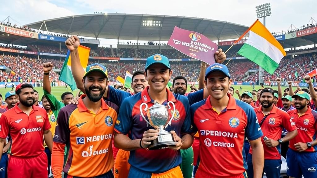A photo of the Nepalese cricket team celebrating their first T20 World Cup win, with Dipendra Singh Airee holding the man of the match trophy, in the background a packed stadium with fans waving Nepalese flags