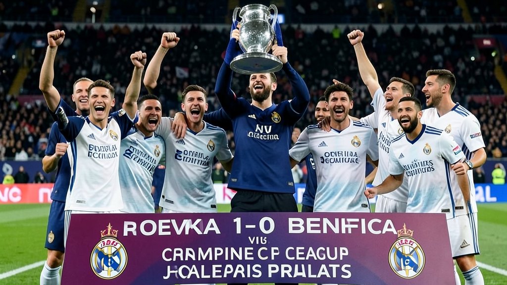 A photo of Real Madrid players celebrating their 1-0 win over Benfica in the Champions League knockout phase playoff first leg