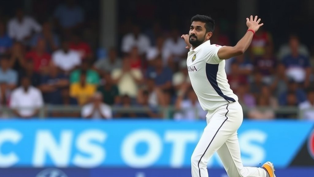 A photo of Axar Patel in action during a cricket match, with a focus on his bowling technique and a blurred background of the stadium and crowd.