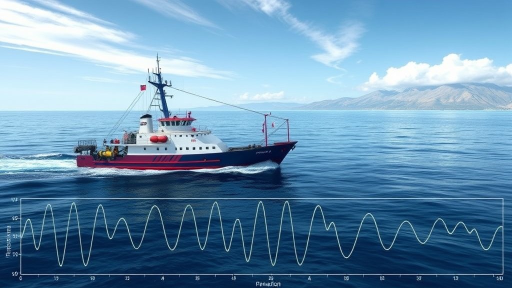 A detailed illustration of a research vessel deploying a distributed acoustic sensing system in the ocean, with a backdrop of the Chilean coastline and a seismic graph in the foreground.
