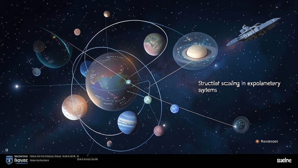 An illustration of a planetary system with various celestial bodies and a spaceship in the background, highlighting the concept of structural scaling in exoplanetary systems.