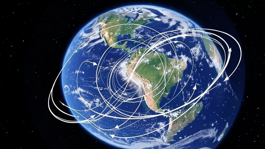 An illustration of the Coriolis effect on global atmospheric circulation, with arrows representing wind patterns and a rotating Earth in the background.
