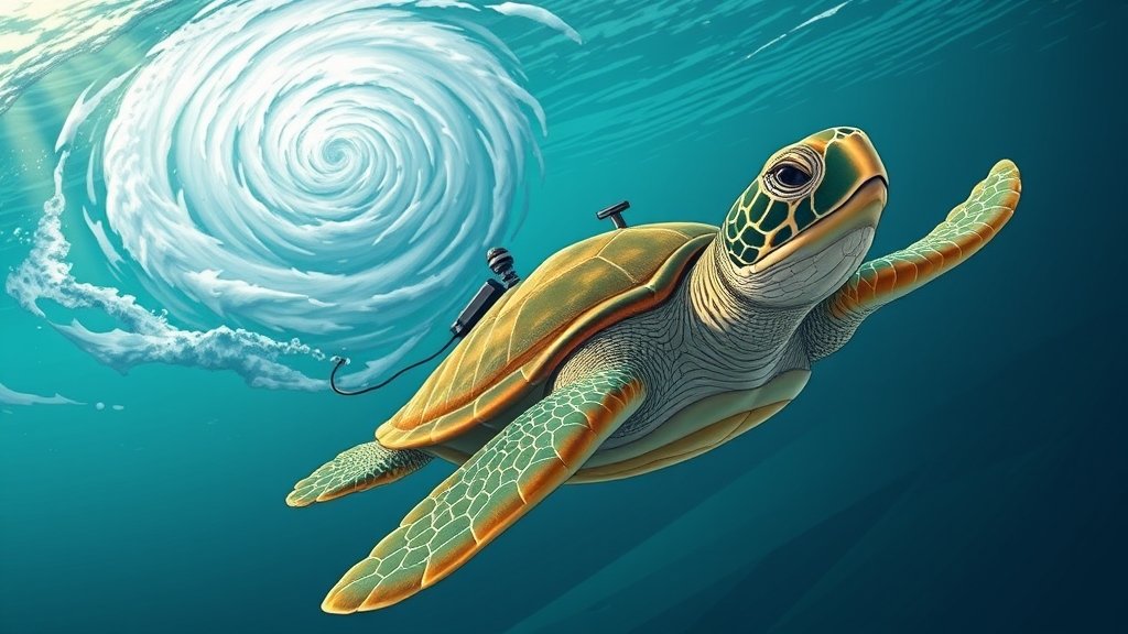 A detailed illustration of an instrumented sea turtle swimming in the ocean with a tropical cyclone in the background, highlighting the intersection of marine biology and meteorology.