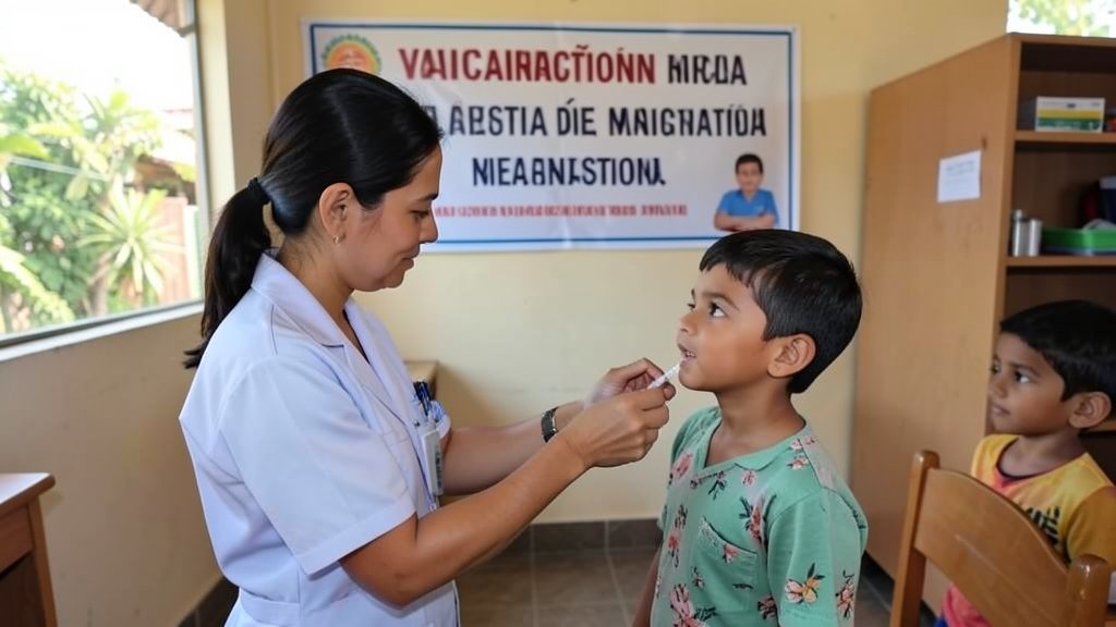 A photo of a healthcare worker administering a measles-rubella vaccine to a child in a school setting, with a banner or poster in the background highlighting the importance of vaccination.