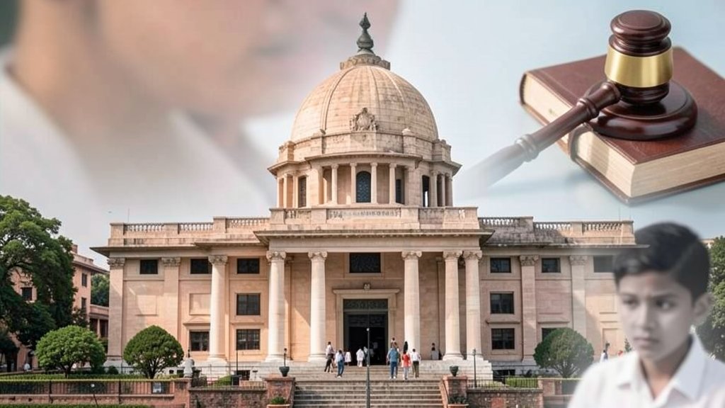 A photo of the Indian Supreme Court building with a subtle background of a gavel and a book, symbolizing justice and law, with a faint image of a minor in the foreground, conveying the gravity of the issue.