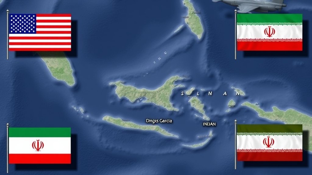 A map of the Indian Ocean with the Chagos Islands and Diego Garcia highlighted, surrounded by flags of the United States, United Kingdom, and Iran, with a subtle background of a naval base or a military aircraft.