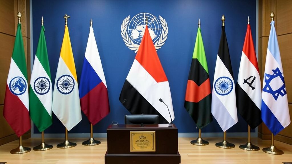 A photo of the United Nations General Assembly with flags of different countries, including India and Israel, with a focus on the Palestinian flag in the center.