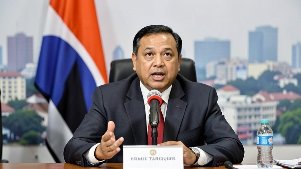 A photo of Prime Minister Tarique Rahman speaking at a press conference, with a background of Bangladesh's national flag and a cityscape.