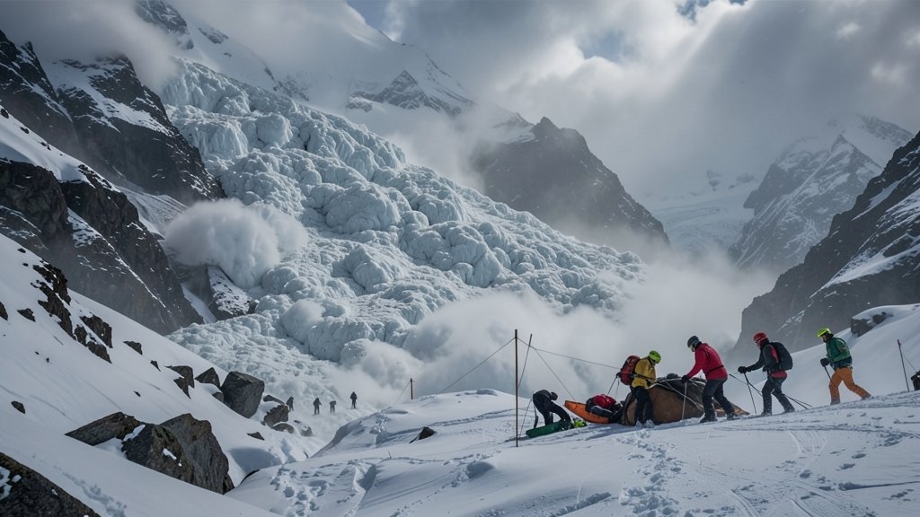 A dramatic photo of a massive avalanche in the mountains, with skiers in the distance, and a rescue team working to save those trapped.