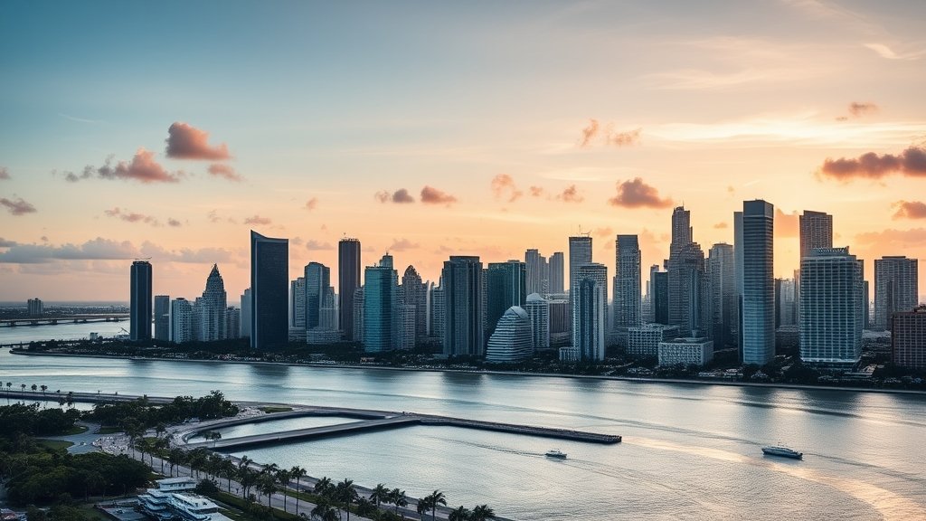 A photo of the Miami skyline with a Silicon Valley-style tech hub in the foreground, symbolizing the city's potential to become a major tech center.