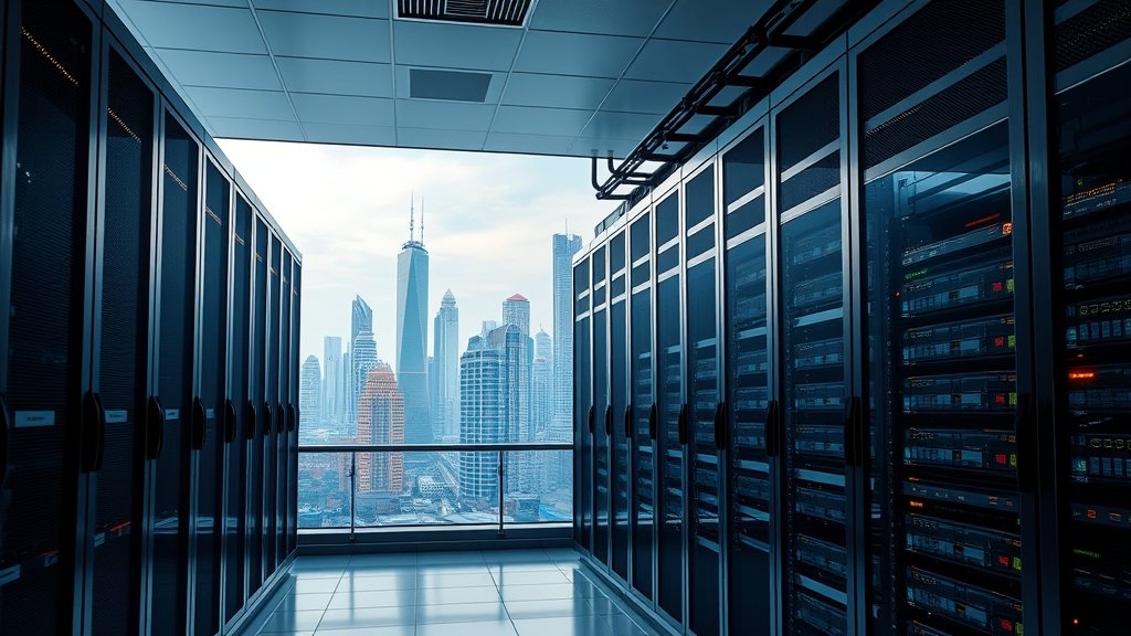 A photo of a modern data center with rows of servers and a cityscape in the background, representing India's growing AI infrastructure