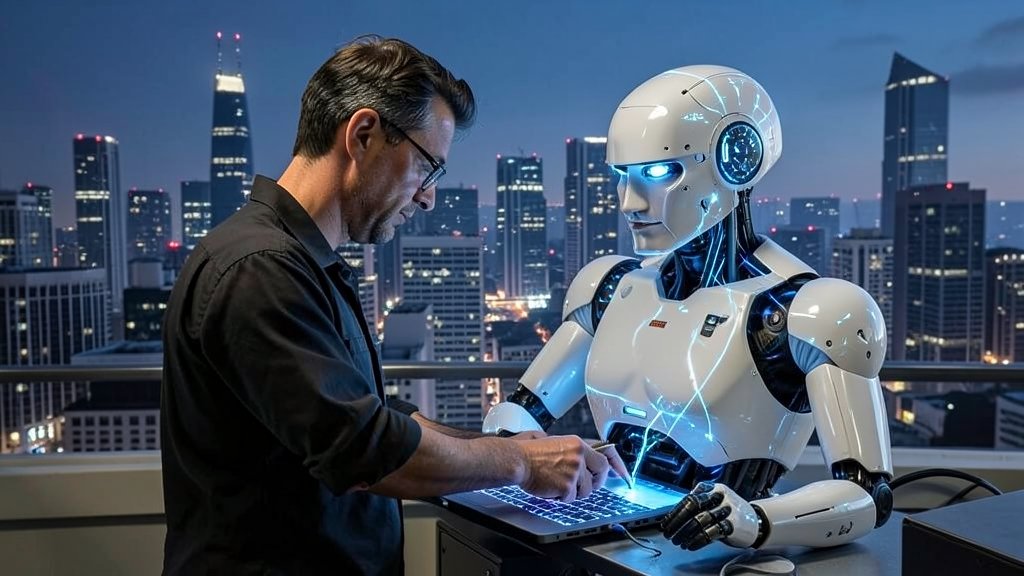 A photo of a person working alongside a robot, with a cityscape in the background, symbolizing the intersection of human labor and artificial intelligence.
